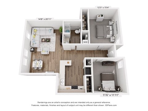 Floor plan for 2 beds, 1 bath, 1083 sqft